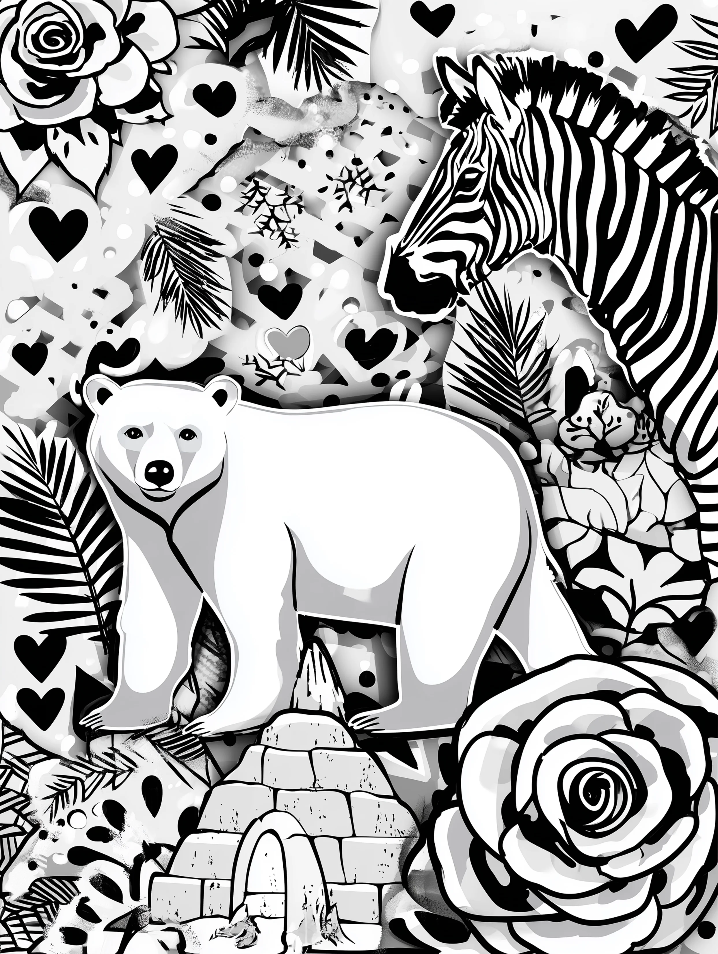 Free printable bear coloring book page featuring a polar bear and zebra with an igloo